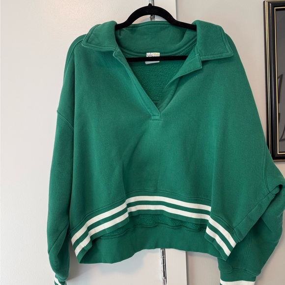 aerie Tops - Aerie Emerald V-Neck Cropped Sweatshirt with White Stripes